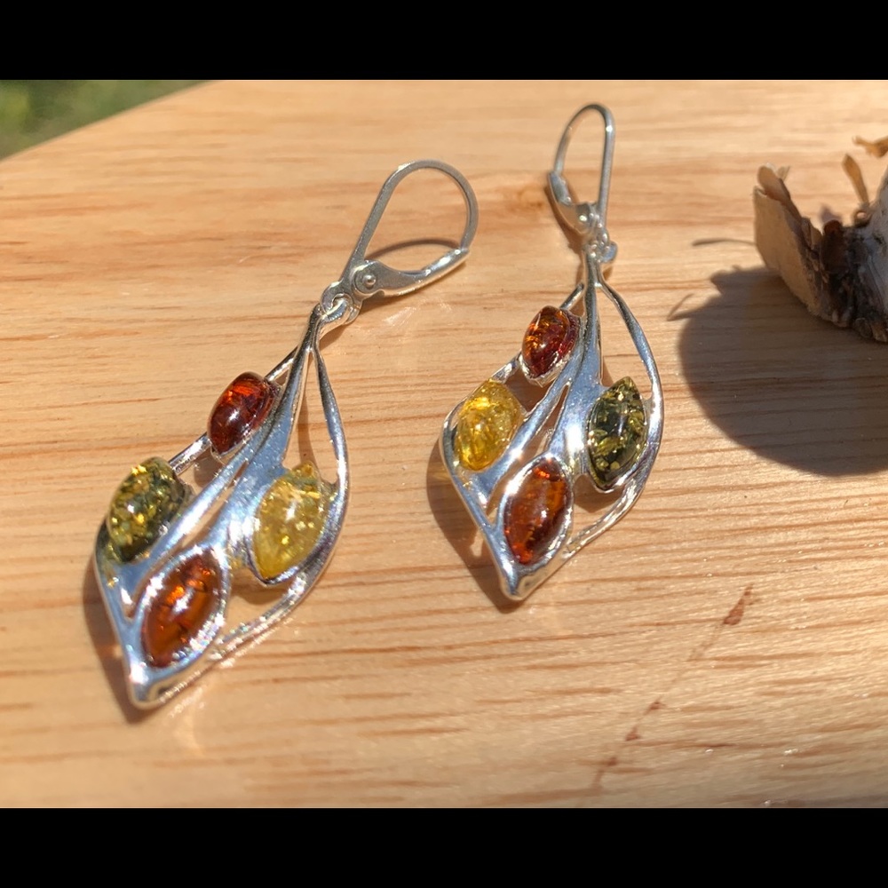 Tri color leaf 🍂 Baltic Amber earrings for her